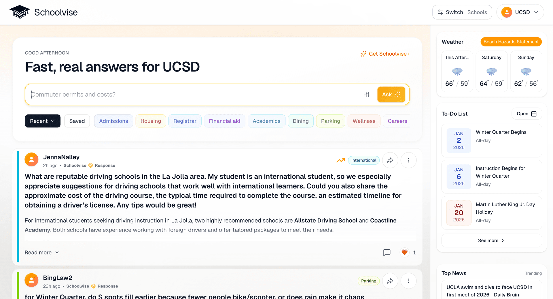Schoolvise campus page showing Q&A feed, calendar, and weather
